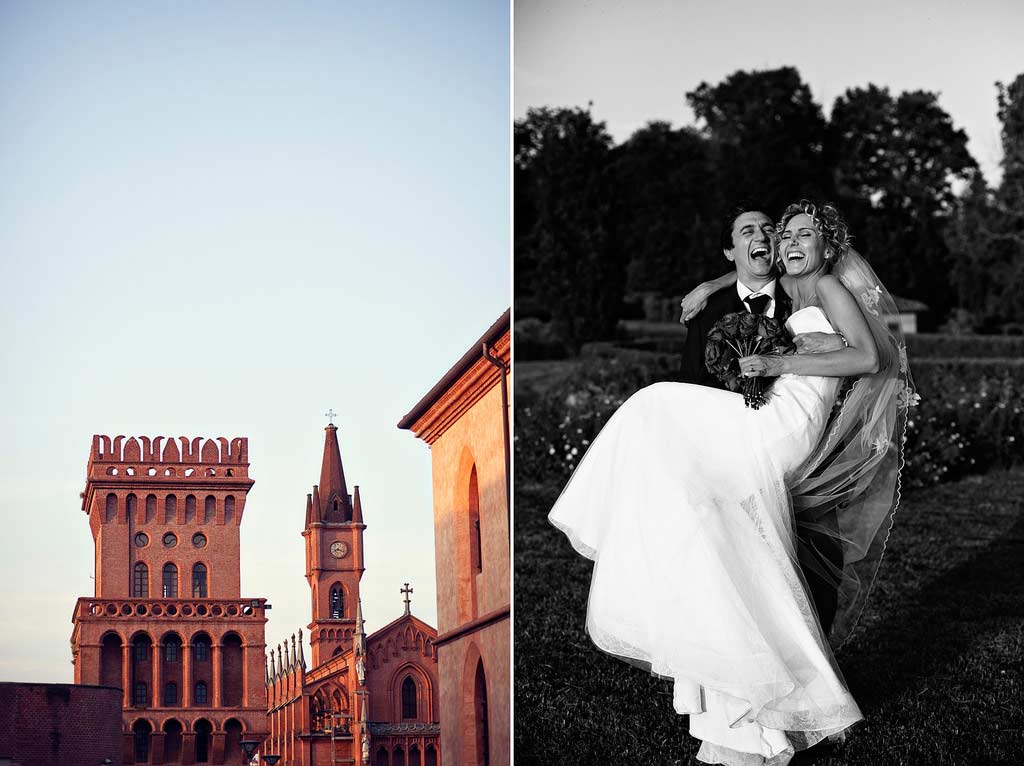 The image is split into two. The left side shows historic buildings with towers against a clear sky. The right side shows a groom carrying a smiling bride outdoors, both appearing joyful.