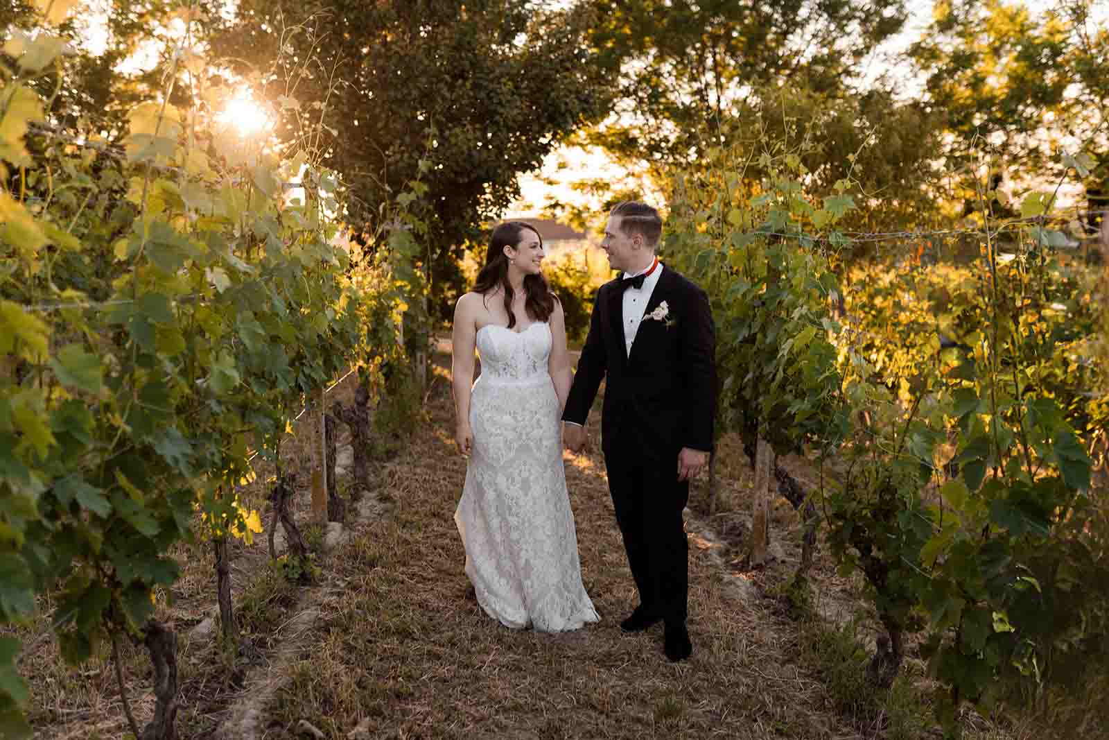 A bride in a white strapless gown and a groom in a black tuxedo walk hand in hand through a vineyard at sunset, surrounded by green grapevines during their destination wedding in Villa Mombaruzzo.