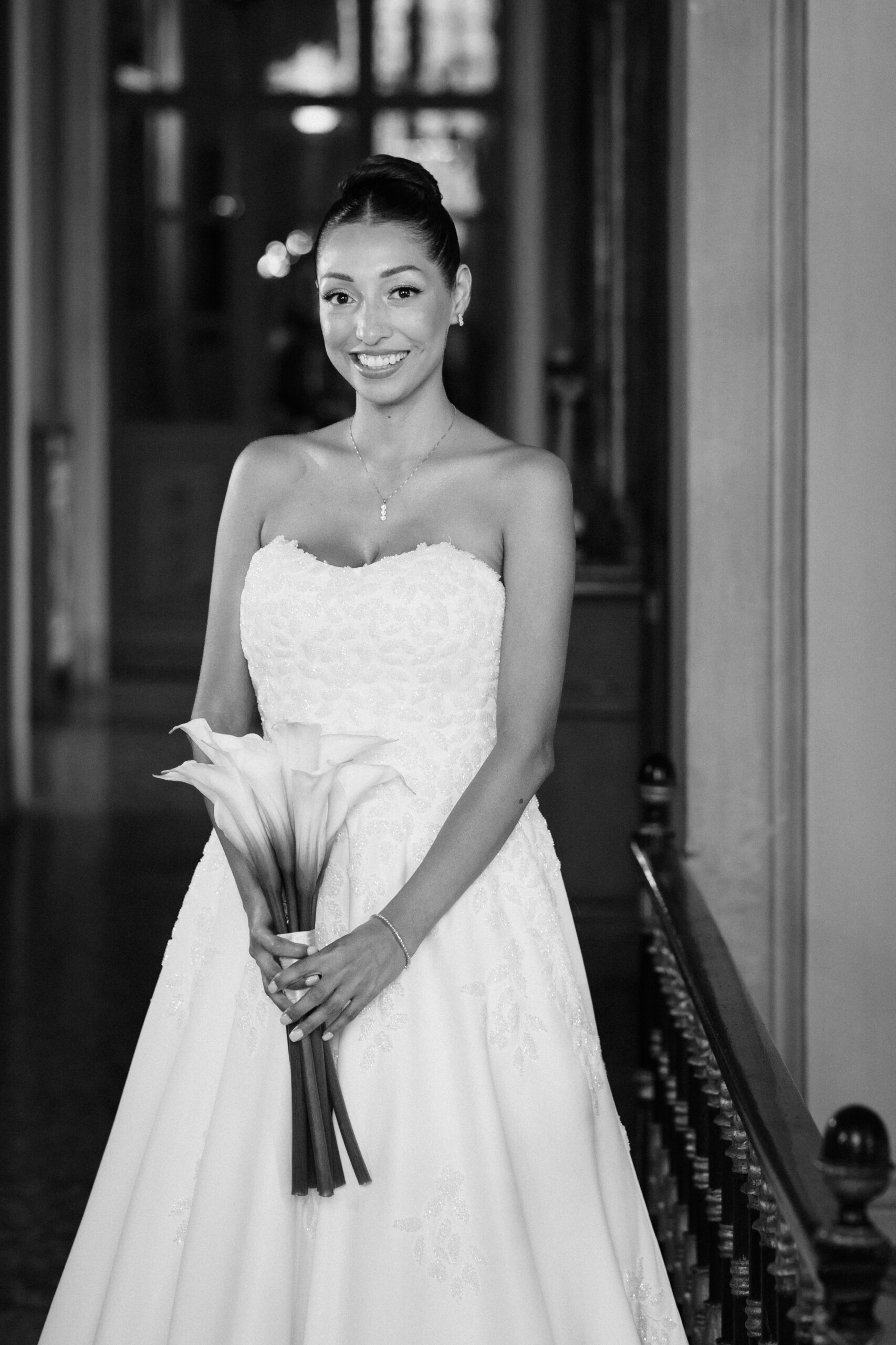 Black and White Bridal Portrait – Villa Cimena Wedding Black and white portrait of bride Giannella holding her bouquet and wearing a strapless wedding dress.