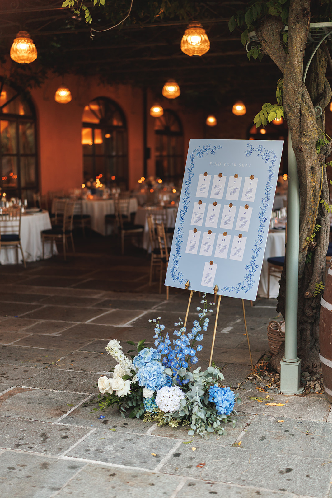 Tableau de mariage – Matrimonio Relais Sant’Uffizio Cartello del tableau de mariage con composizioni floreali blu e bianche